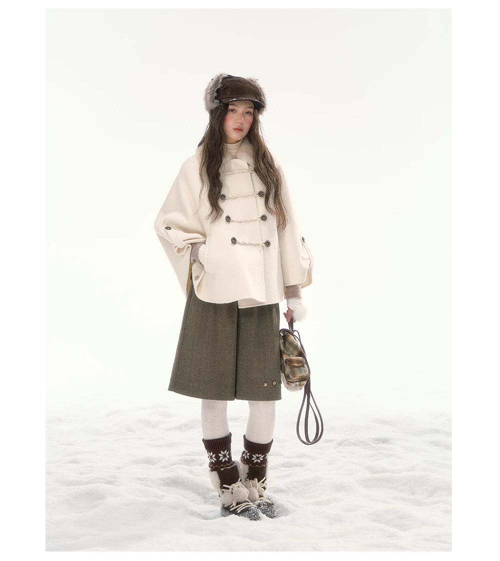 CANSTORE - "Pine Reverie" Ivory Wool-Blend Cape Coat with Faux Fur Collar