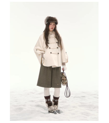 CANSTORE - "Pine Reverie" Ivory Wool-Blend Cape Coat with Faux Fur Collar