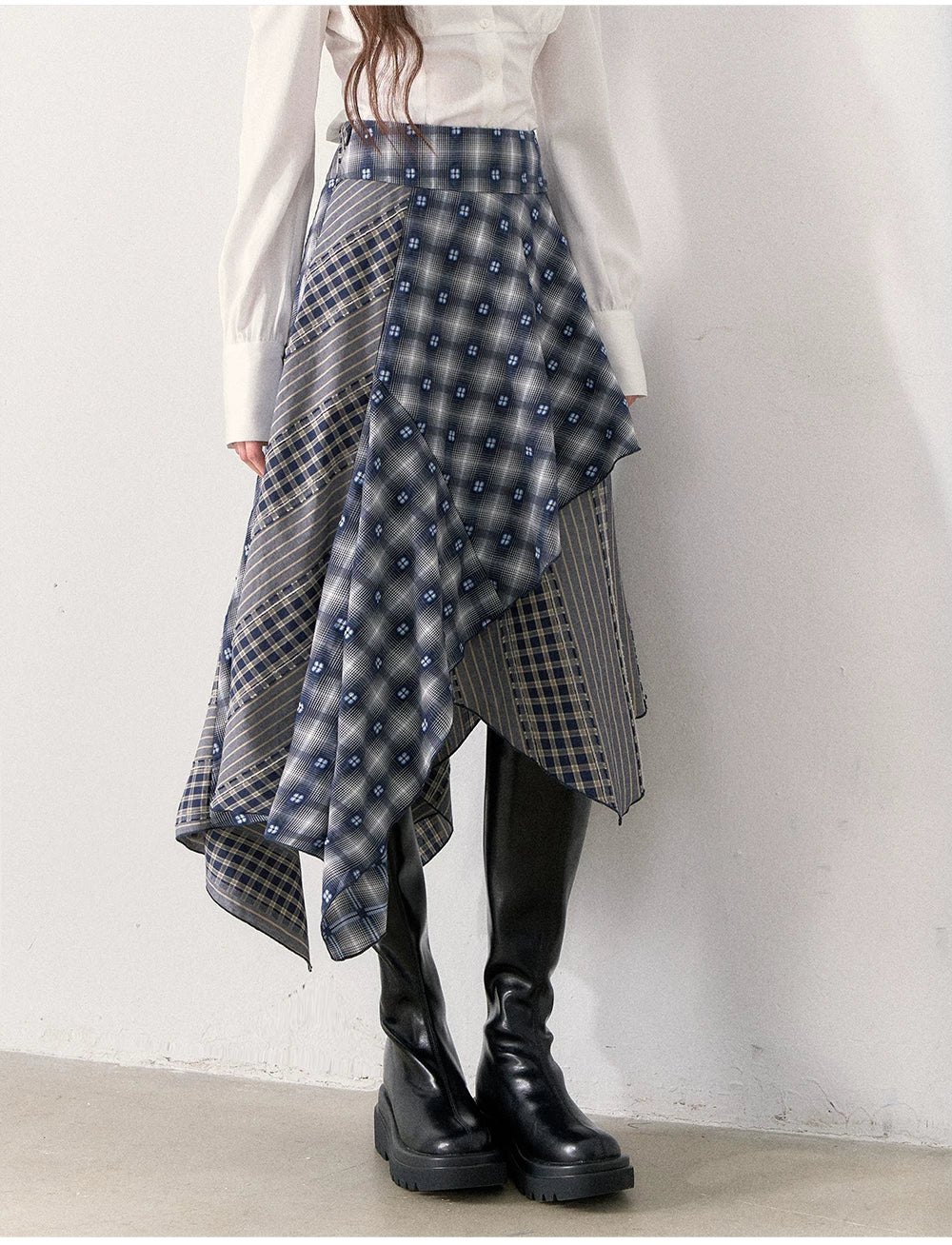 [TMMG] Retro Sweetheart Collar Shirt & Denim Corset Waist Belt Asymmetric Plaid Skirt Set