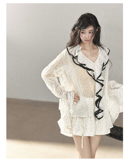 AOMALM - "Gossamer Moonlight" Pearl Shell Chiffon Top & Mini Skirt Set (With Tie & Flower)