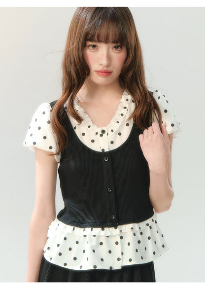 "Black Tea & Cream" Polka Dot Two-Piece Skirt Set SH2026202