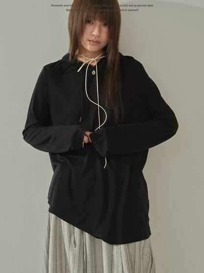 "Summer Haze" Hooded Knit Sun Protection Long Sleeve T-Shirt (Black / White)