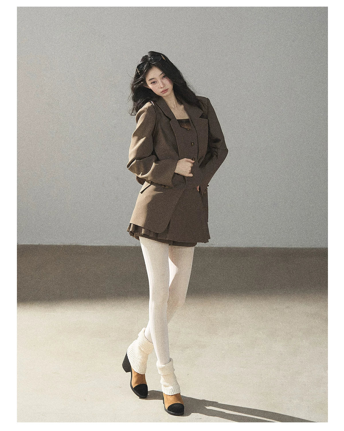 AOMALM - “Evening Breeze in the Valley” Chestnut Brown Blazer, Cami & Pleated Skort Set