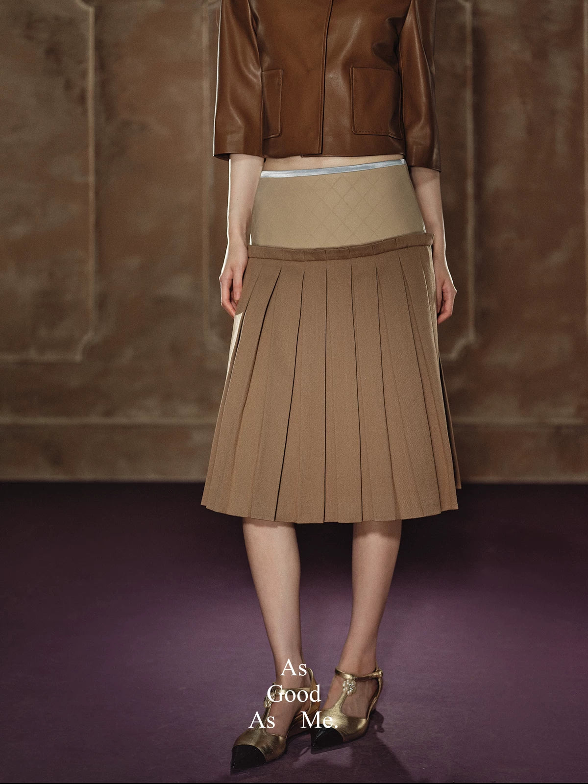 "Scholarly Muse" Khaki Faux Leather Jacket & Mixed-Media Pleated A-Line Skirt Set