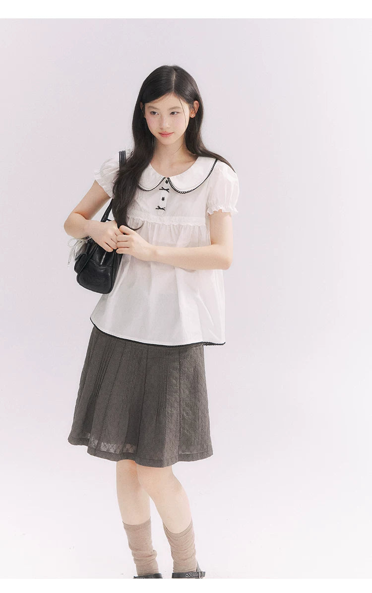 “Misty Texture” Gray Plaid Trim Embroidered A-Line Skirt