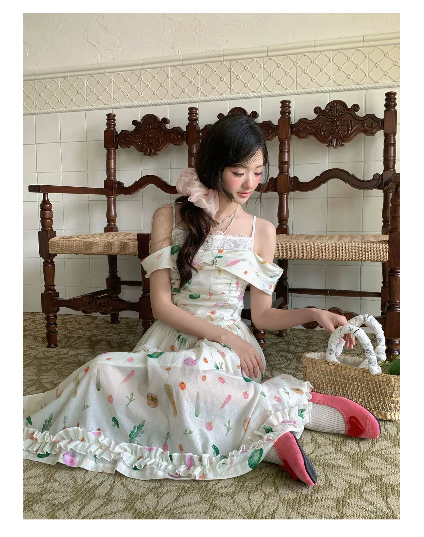 “Verdant Orchard Reverie” Beige Fruit Print Off-Shoulder Dress