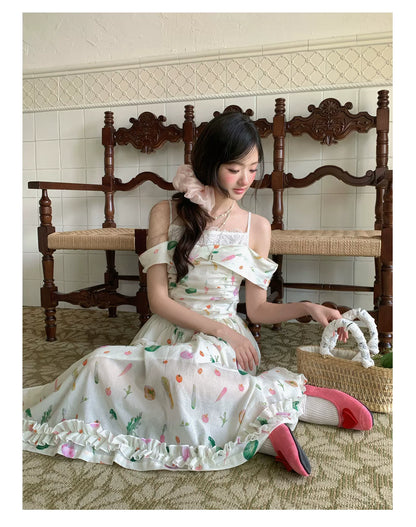 “Verdant Orchard Reverie” Beige Fruit Print Off-Shoulder Dress