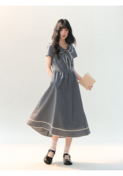 [CAN] "Firwood Plaid Tale" Blue Gray Plaid Lace Doll Collar Dress
