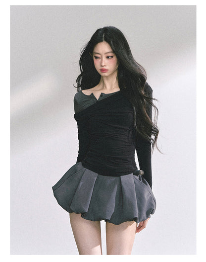 少也眼 "Seoul Toccata" Layered Off-Shoulder Long Sleeve Tee - Black-Gray 2536486