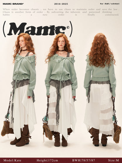MAMC - Off-Shoulder Rose Button Knit Cardigan (Mint Green)
