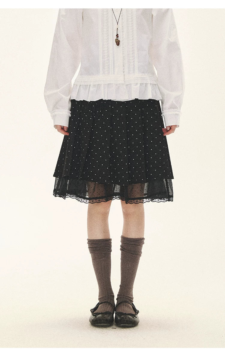 "Polka Reverie" Black Polka Dot Bow Pleated Mini Skirt