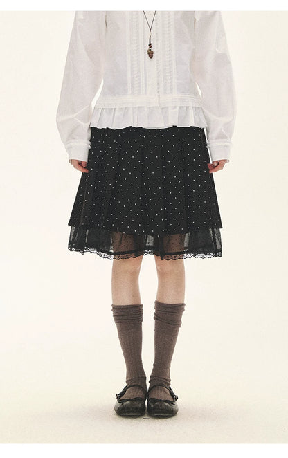 "Polka Reverie" Black Polka Dot Bow Pleated Mini Skirt