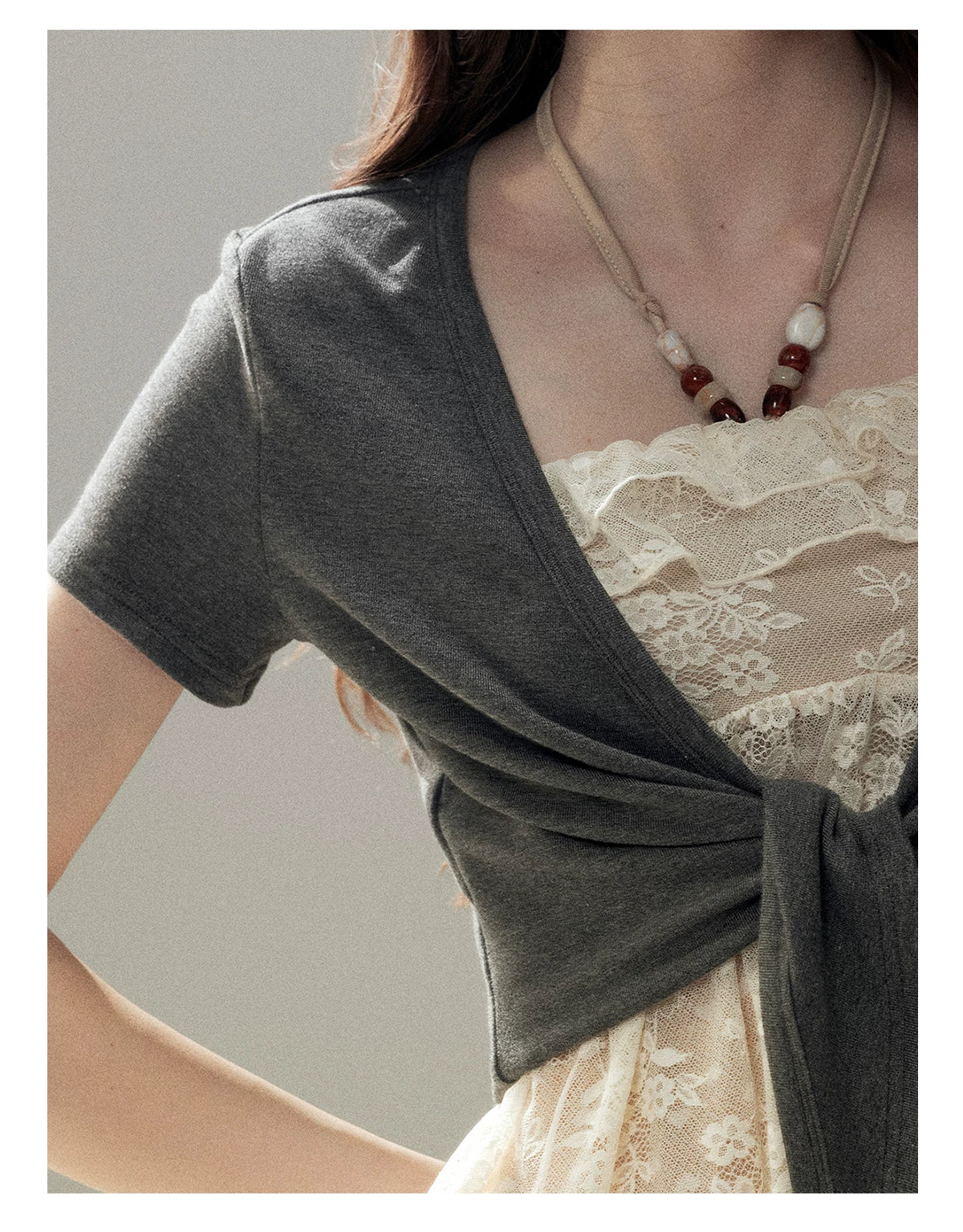 "Beyond the Morning Mist" Dutch Cream Lace Cami & Silver Mouse Gray Sheer Cardigan Set