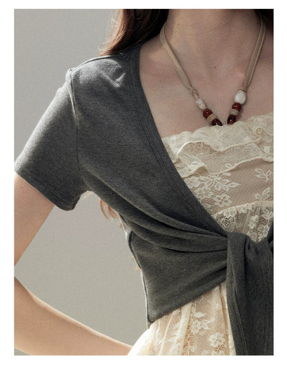 "Beyond the Morning Mist" Dutch Cream Lace Cami & Silver Mouse Gray Sheer Cardigan Set