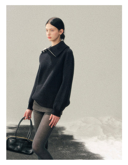 少也眼 "Dark Undertow in Zero Gravity" High-Neck Structured Knit Top
