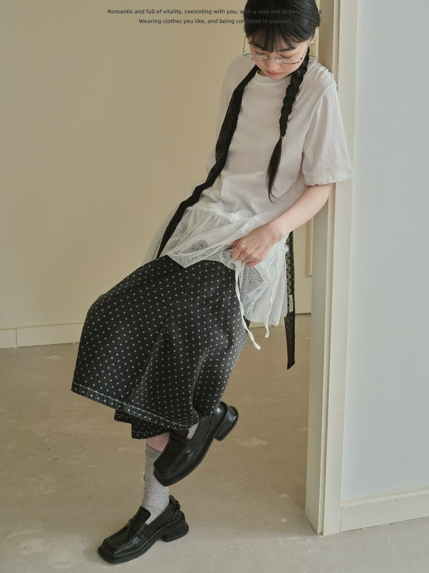 "Midnight Dots" Charcoal Black Polka Dot Cropped Wide Leg Jeans