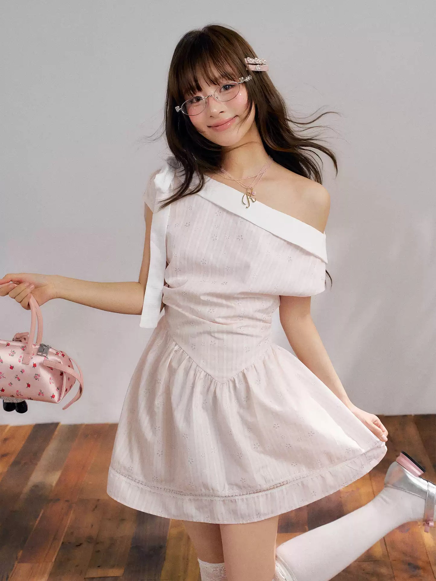 “Cloud Ballet Reverie” Blush Pink Off-Shoulder Dress