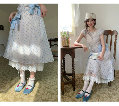 “Blue Mist Polka Reverie” Mist Blue Bow Lace Dress