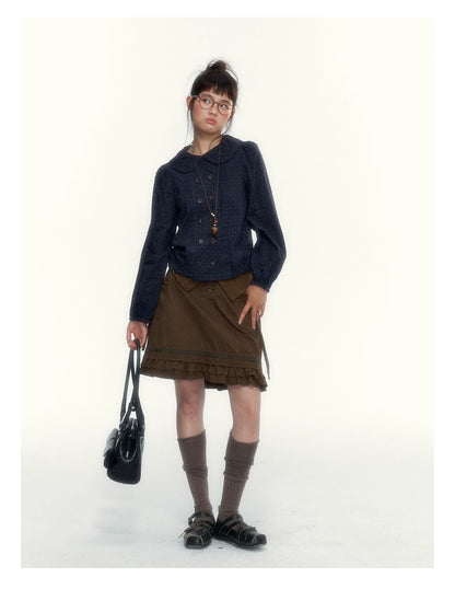 “Academy Melody” Navy Plaid & Dusty Purple Peter Pan Collar Cotton Shirt (Navy Plaid / Dusty Purple)