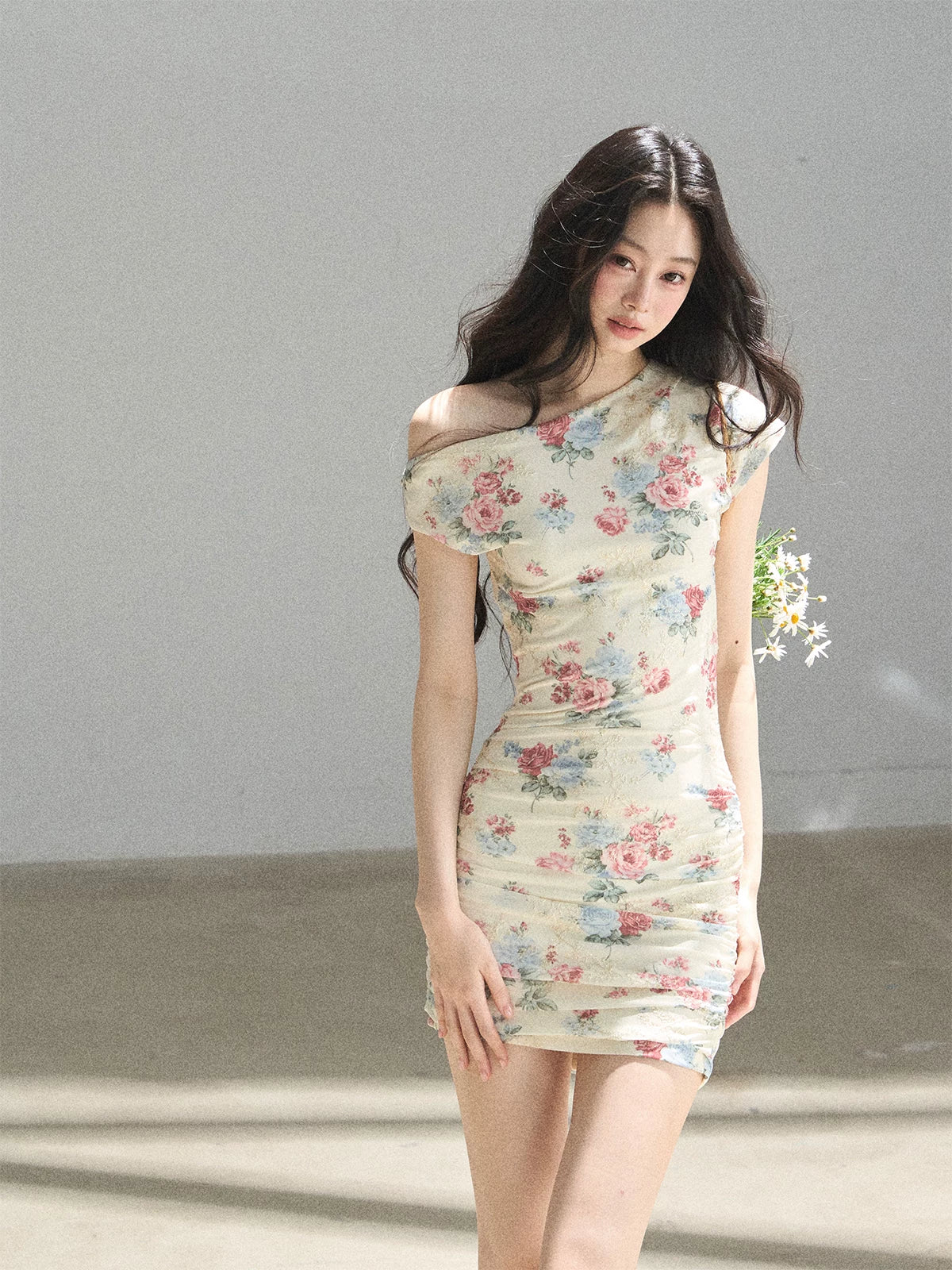 "Flowers & Sunlight" Dutch Cream Off-Shoulder Mesh Bodycon Mini Dress