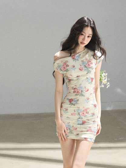 "Flowers & Sunlight" Dutch Cream Off-Shoulder Mesh Bodycon Mini Dress