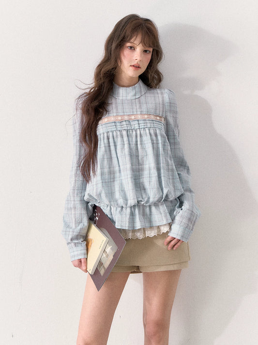 [TMMG] French Vintage Plaid Lace Ruffle Blouse (Blue Plaid)