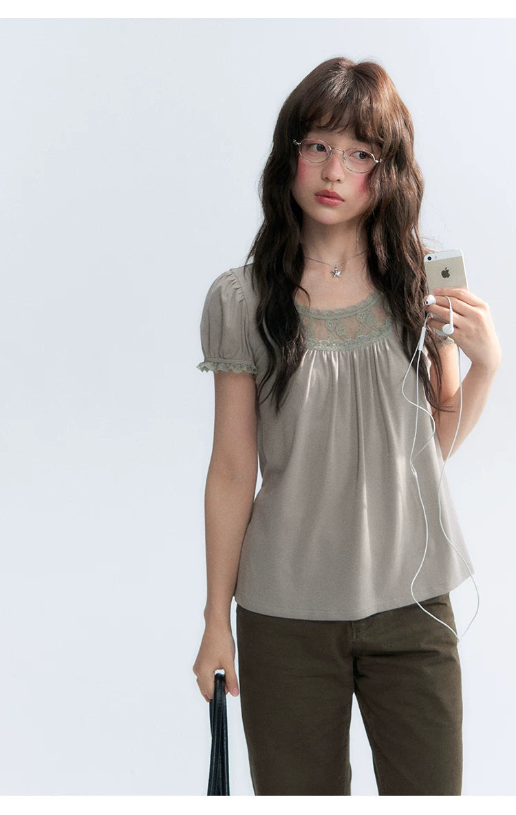 "Vintage Cream" Milk Gray Lace Trim Puff Sleeve T-Shirt