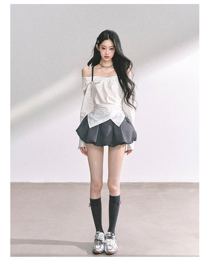 少也眼 "London Reveries" Off-Shoulder Plaid Sun-Proof Shirt - White