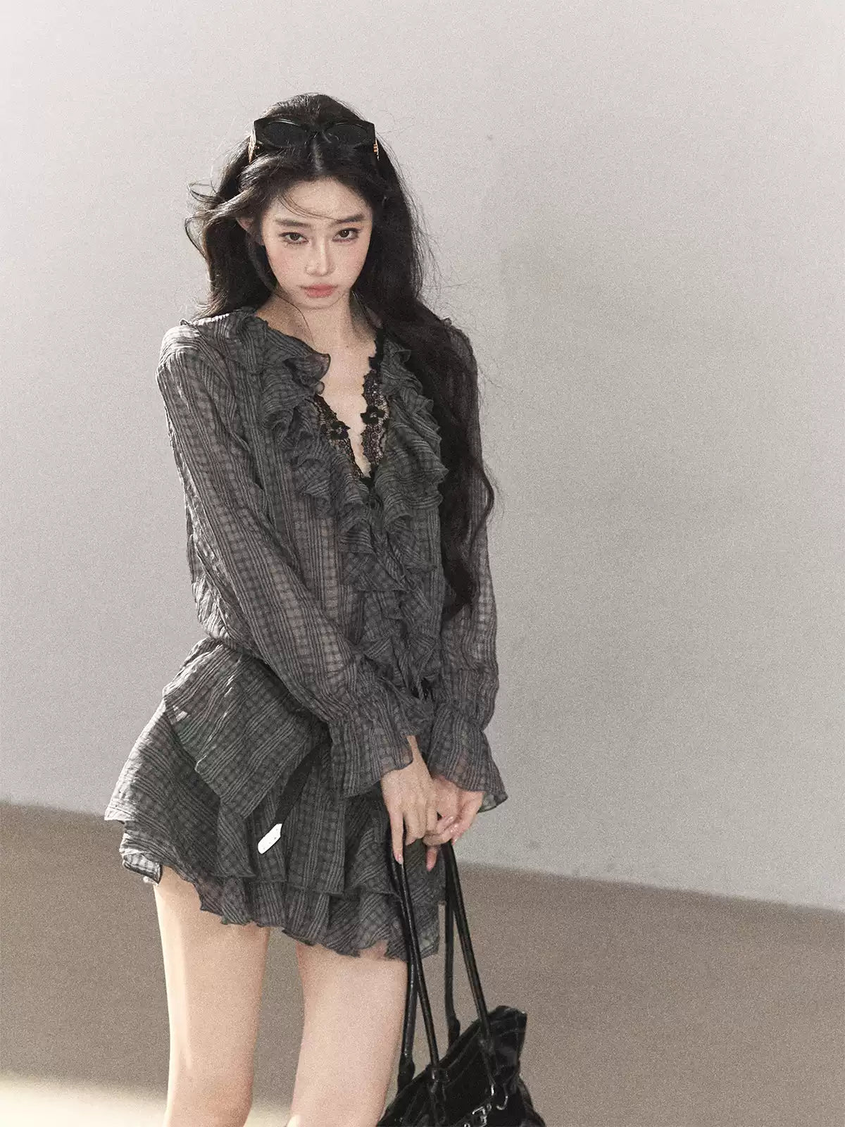 AOMALM - "Gray Check & Wild Wind" Ruffle Top & Mini Skirt Set (With Belt)