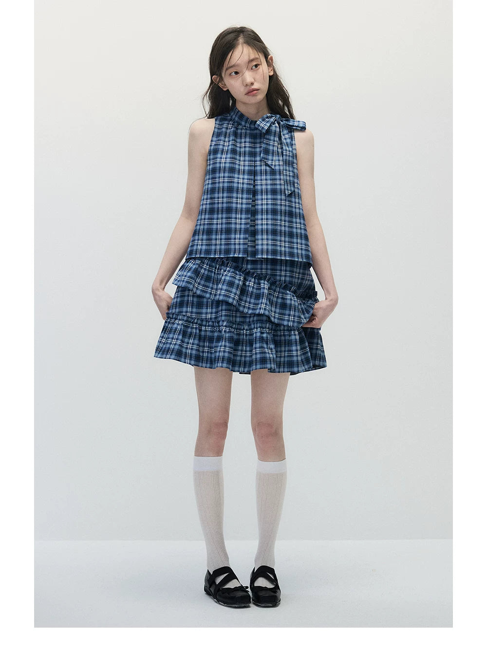 Blue Plaid Sleeveless Tiered Midi Dress with Ruffle Trim