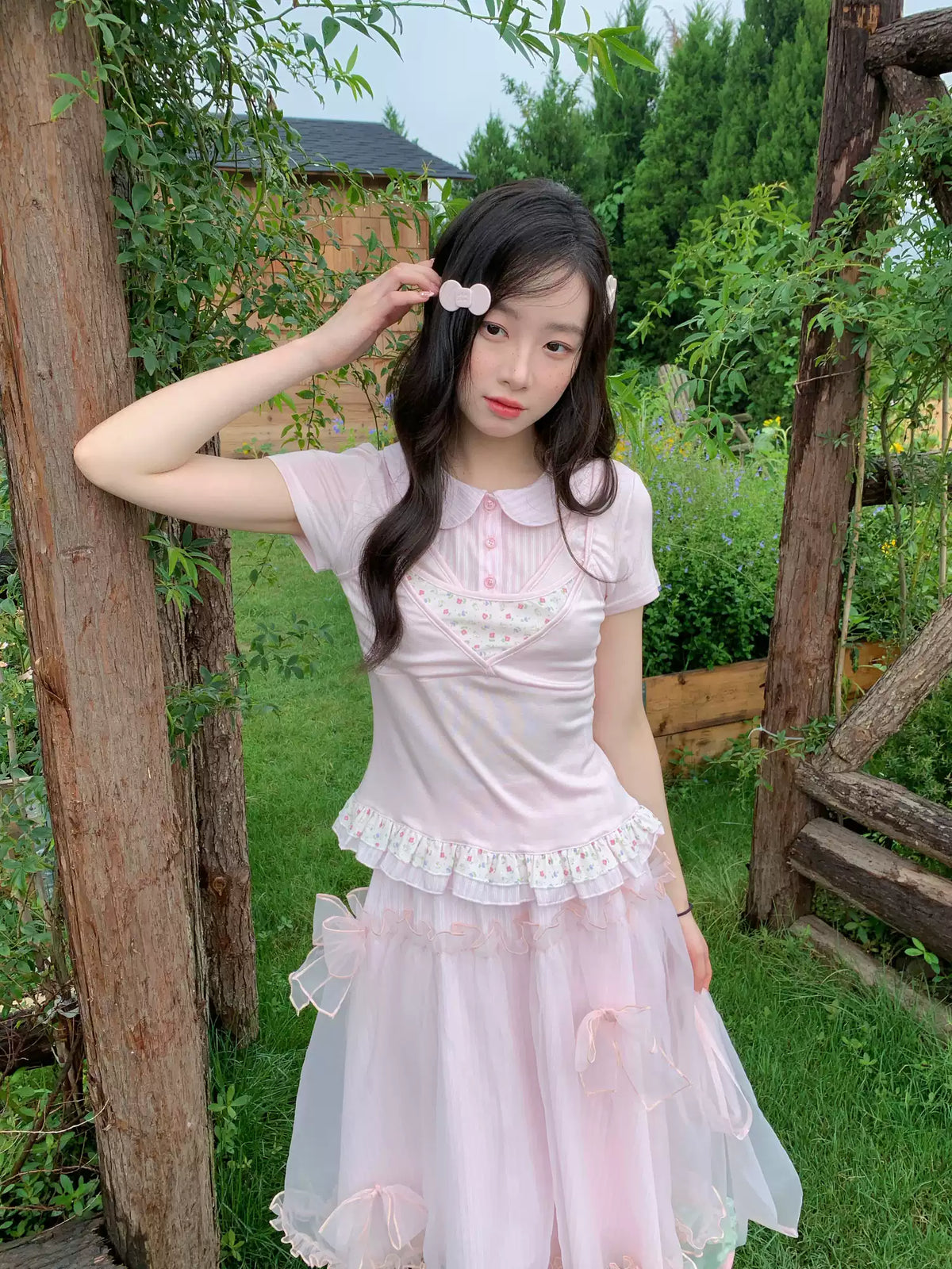 [RF] “Peach Petal Reverie” Peach Pink Doll Collar Top & Tulle Skirt Set