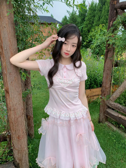 [RF] “Peach Petal Reverie” Peach Pink Doll Collar Top & Tulle Skirt Set