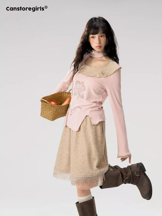 [CAN] "Dusky Floral Whispers" Blush & Chestnut Brown Set (Long Sleeve Top / Tassel Mini Skirt)