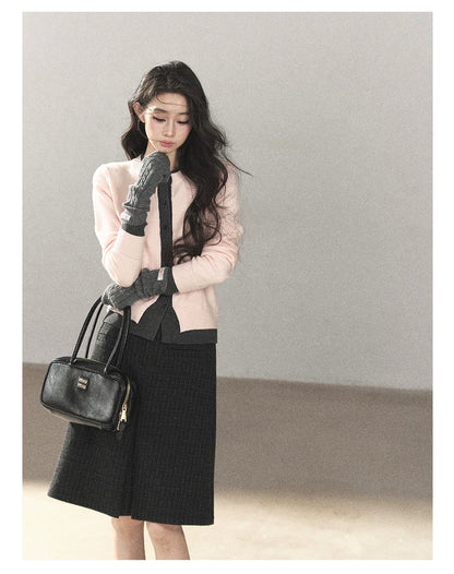 AOMALM - Cinnamon Pink Faux Layered Cropped Cardigan Sweater