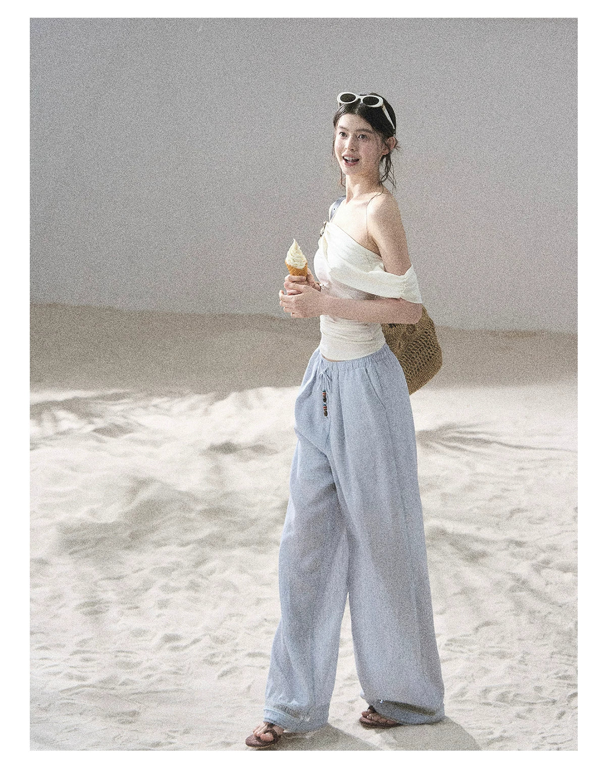 "Follow the Sea Breeze" Lightweight Straight-Leg Wide-Leg Pants (Lotus Pink/ Gray Sage Green/ Gray Blue)