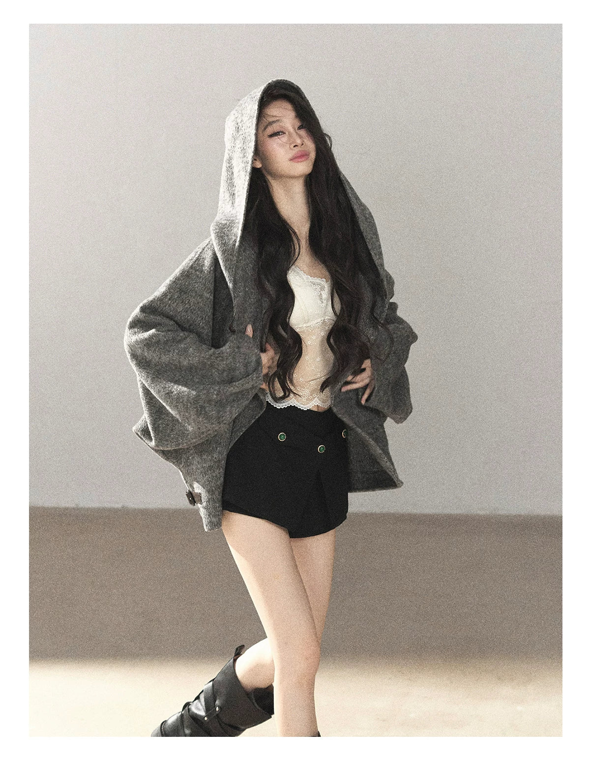 AOMALM - Dark Heather Gray Hooded Wool-Blend Jacket (With Inner Bra)