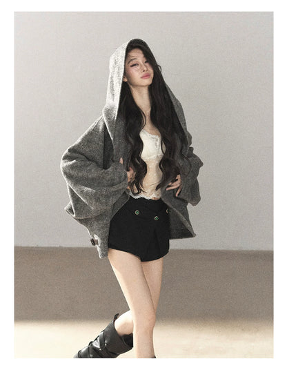 AOMALM - Dark Heather Gray Hooded Wool-Blend Jacket (With Inner Bra)