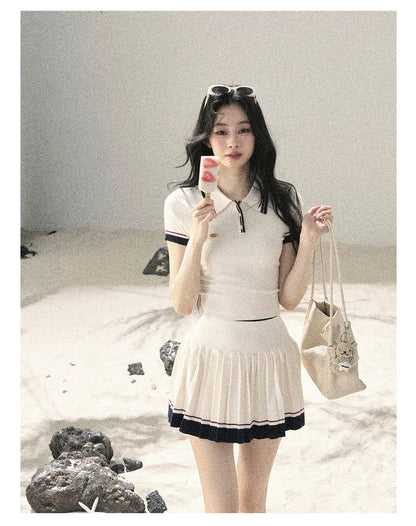 "Moonlight in Pieces" Cloud White Ribbed Knit Top & Pleated Mini Skirt Two-Piece Set