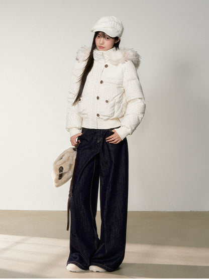 Soote Season - White Floral Faux Fur Collar Cropped Hooded Down Jacket