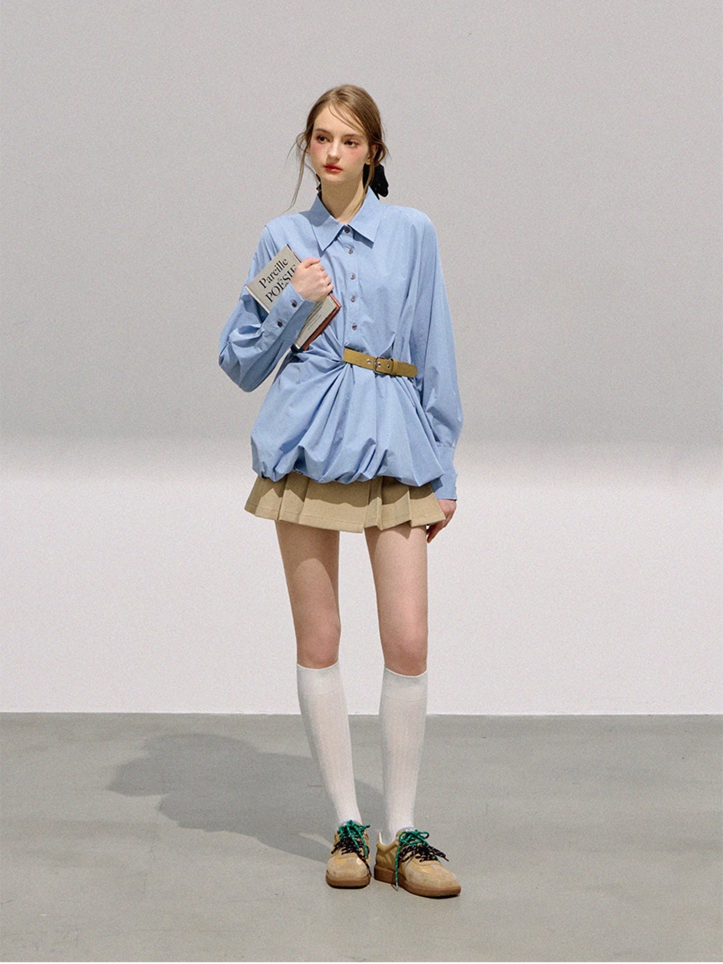 BOHOL BLING - Preppy Sweetheart Contrast Buckle Puff Sleeve Blouse