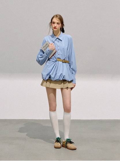 BOHOL BLING - Preppy Sweetheart Contrast Buckle Puff Sleeve Blouse