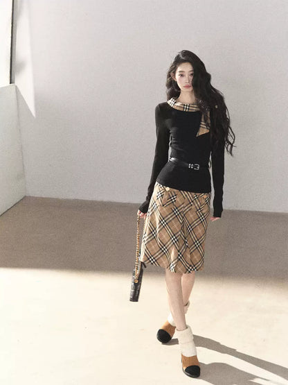 AOMALM - Black Knit Top & Light Smoky Brown Plaid Skirt Set with Belt