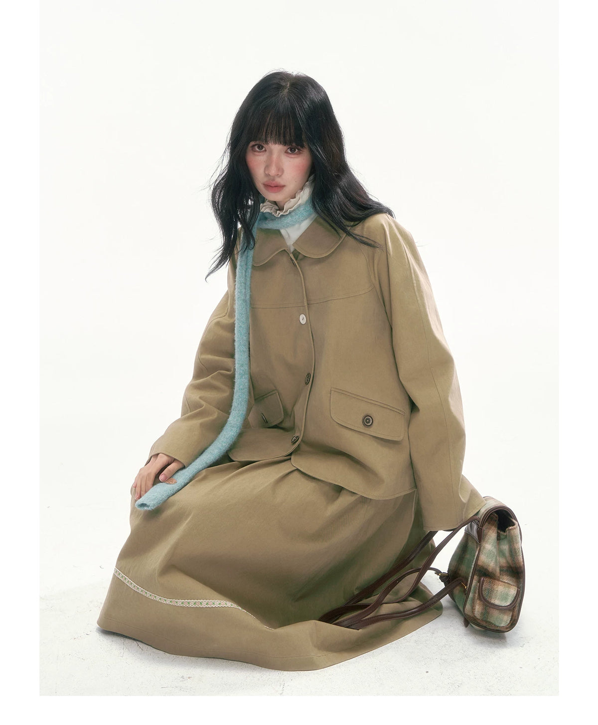 [CAN] Khaki Peter Pan Collar Jacket & Midi Skirt Set