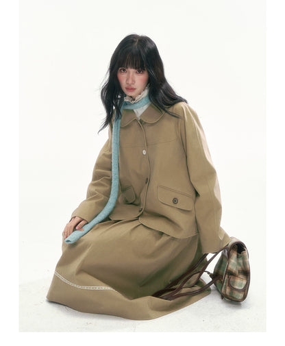 [CAN] Khaki Peter Pan Collar Jacket & Midi Skirt Set