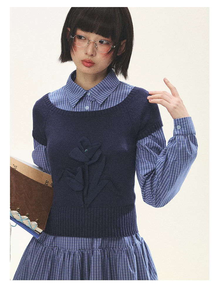"Holiday Blues" Blue Plaid Bow Shirt Mini Dress