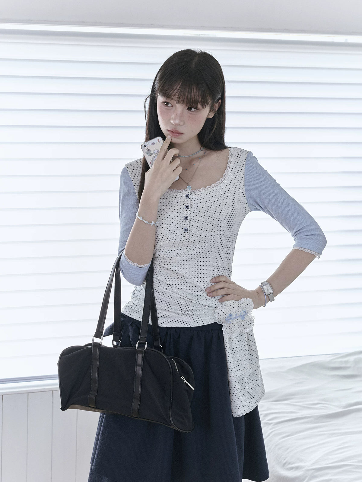 "Blooming Ribbon" Layered Set (Ivory Asymmetric Long-Sleeve Top / Navy Box-Pleated Skirt)