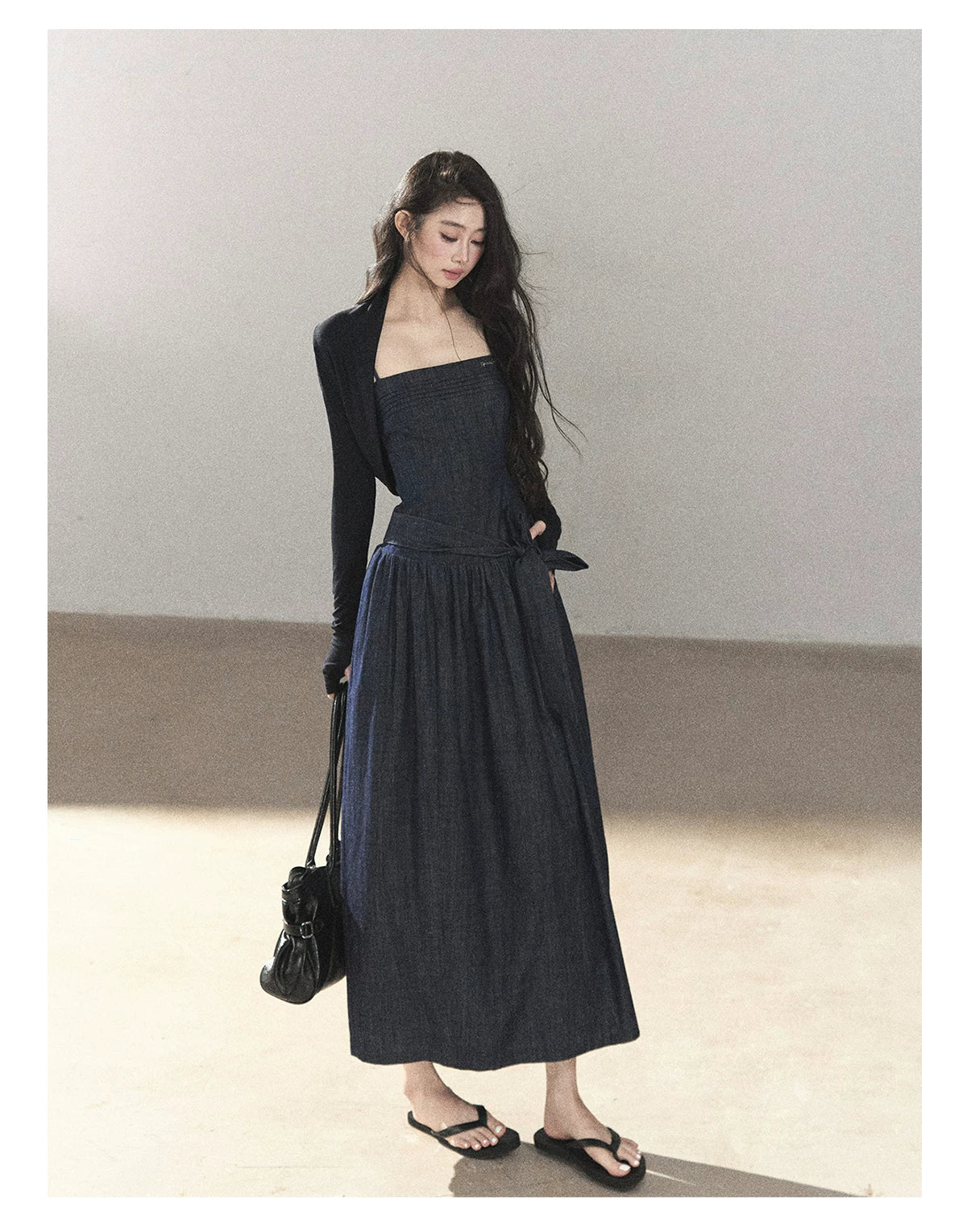 AOMALM - Navy Denim Long Dress with Matching Cardigan & Side Slit