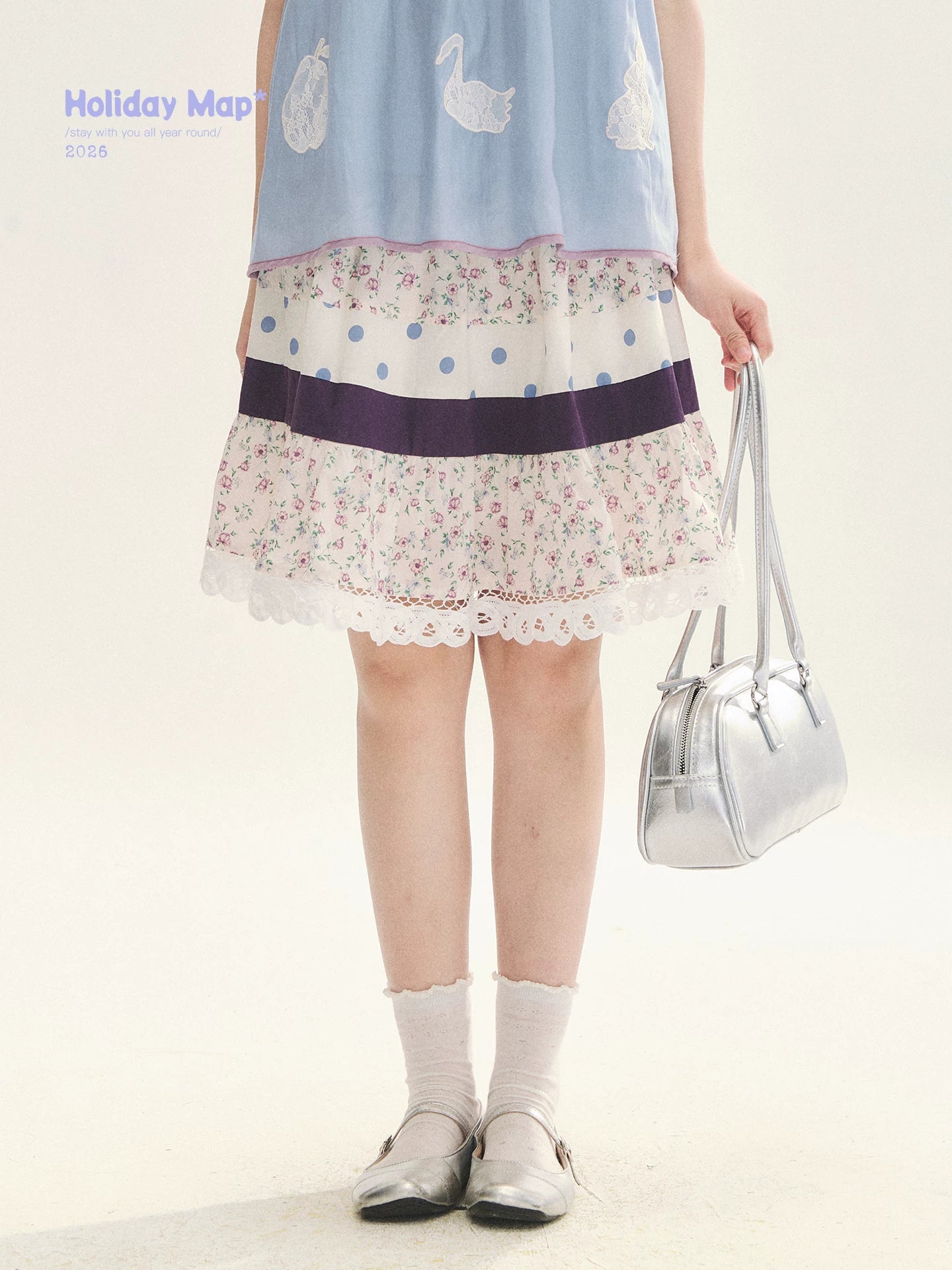 "Moonlight Grape" Vintage Floral Polka Dot Lace A-Line Skirt