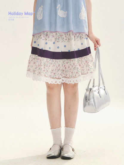 "Moonlight Grape" Vintage Floral Polka Dot Lace A-Line Skirt