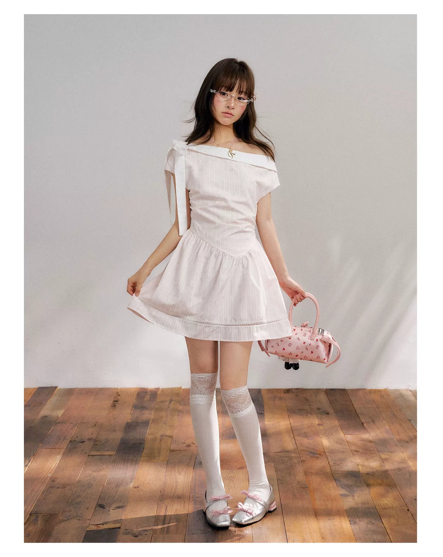 “Cloud Ballet Reverie” Blush Pink Off-Shoulder Dress